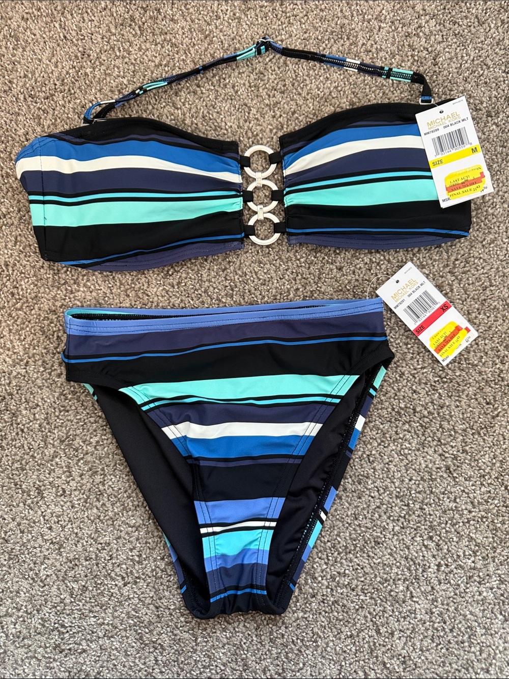 Michael Kors Aqua Navy White Striped Ring-Front Bandeau Bikini